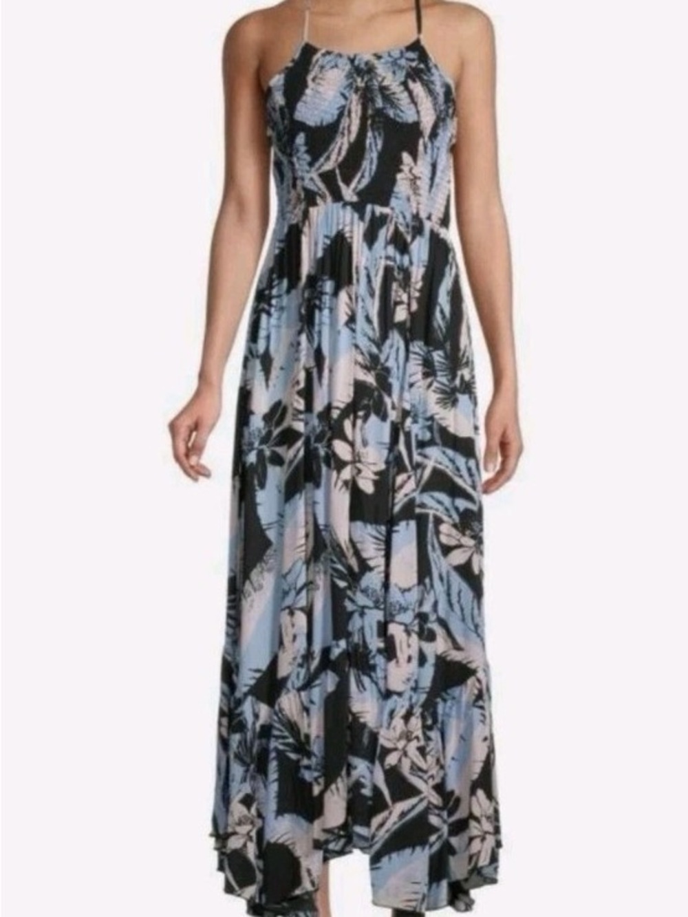 Free People Black and Light Blue Floral Spaghetti Strap Maxi Dress Size XS